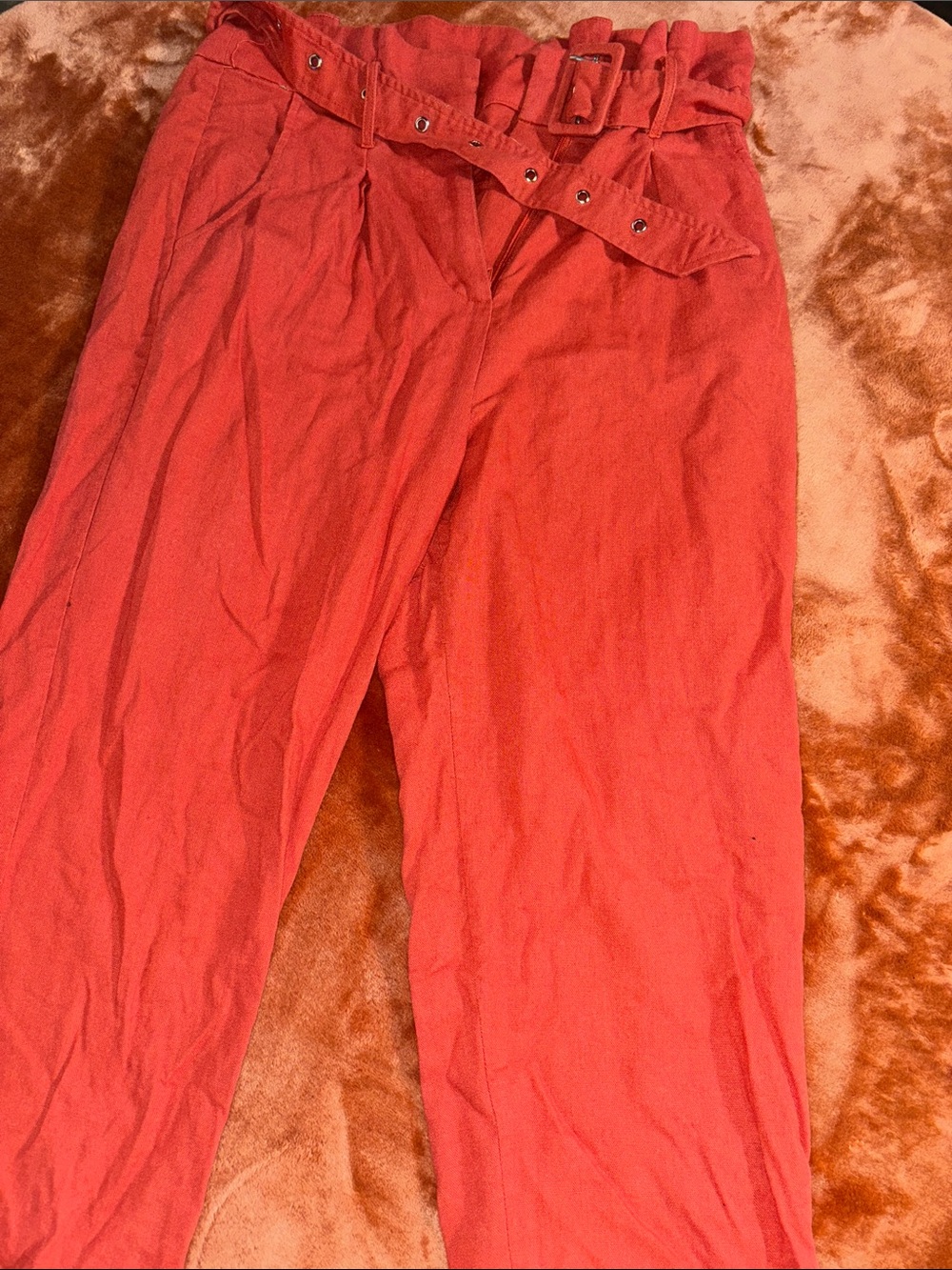 Linen High-Waist Belted orange pants